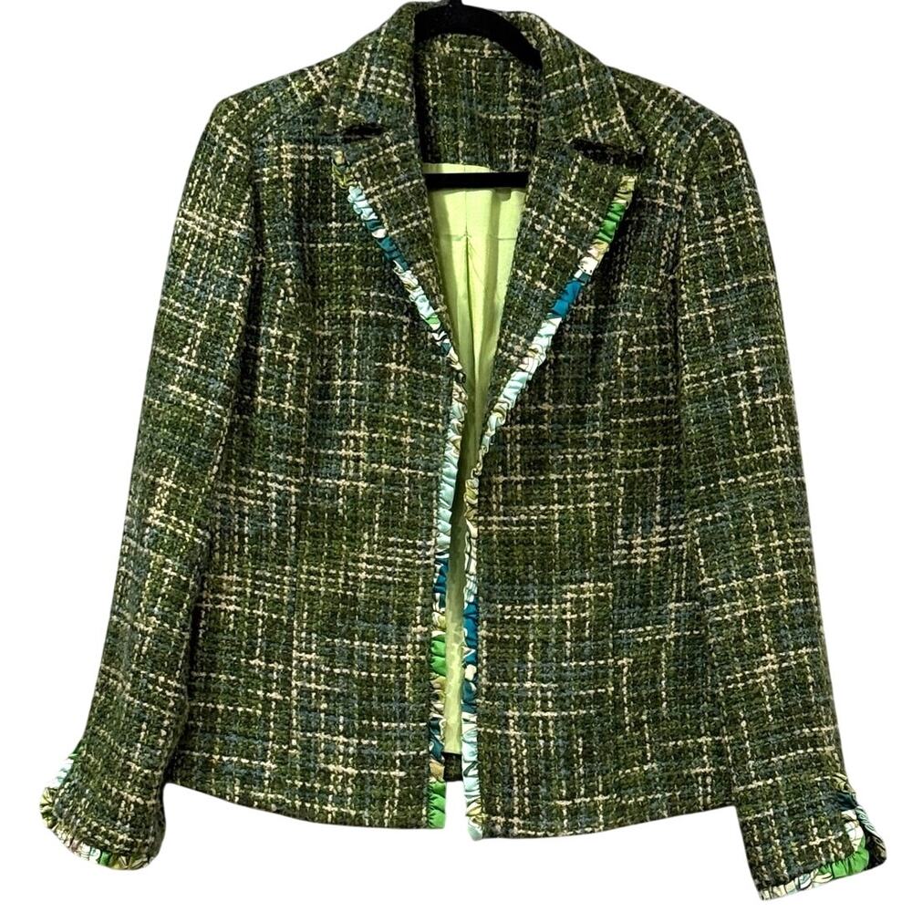 Green Plaid Tweed Blazer Jacket Ruffle Trim Cinched Waist Womens 10 Drama Jacket